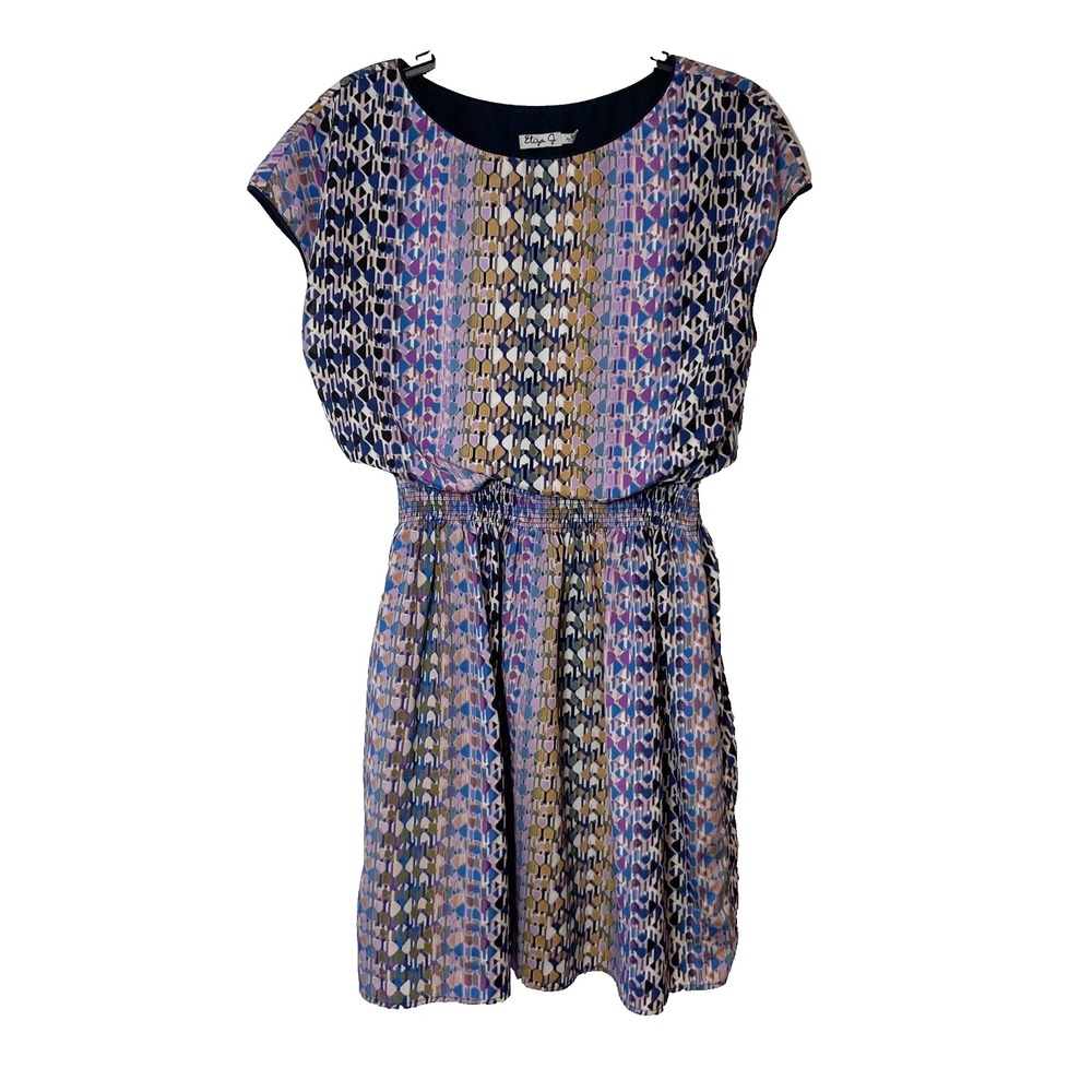 Eliza J Short Sleeve Mini Blouson Dress‎ Womens 8 Purple Elastic Waist Geometric